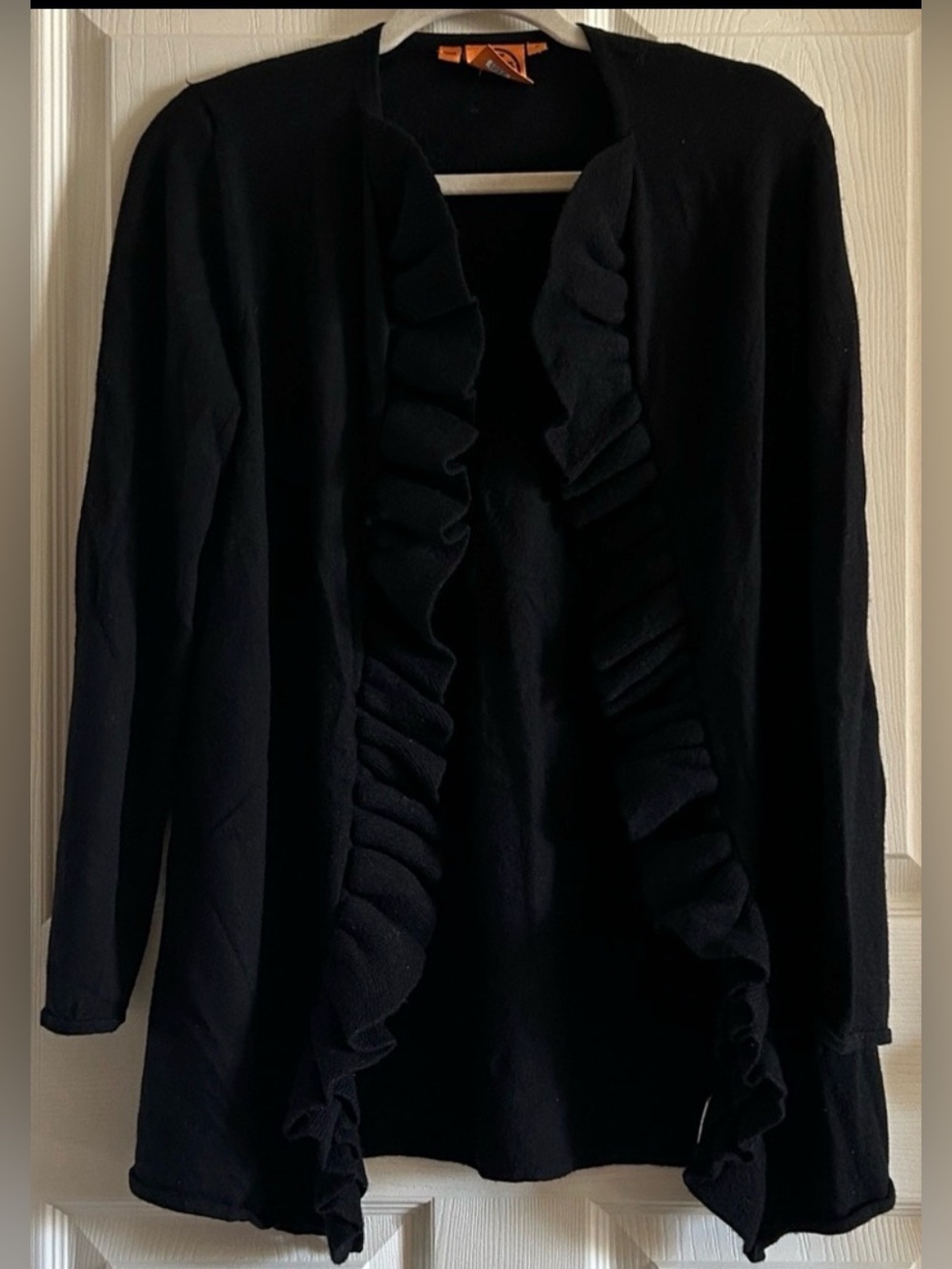 Tory Burch Black Merino Wool Ruffle Trim Open‎ Front Cardigan Sweater Sz Med